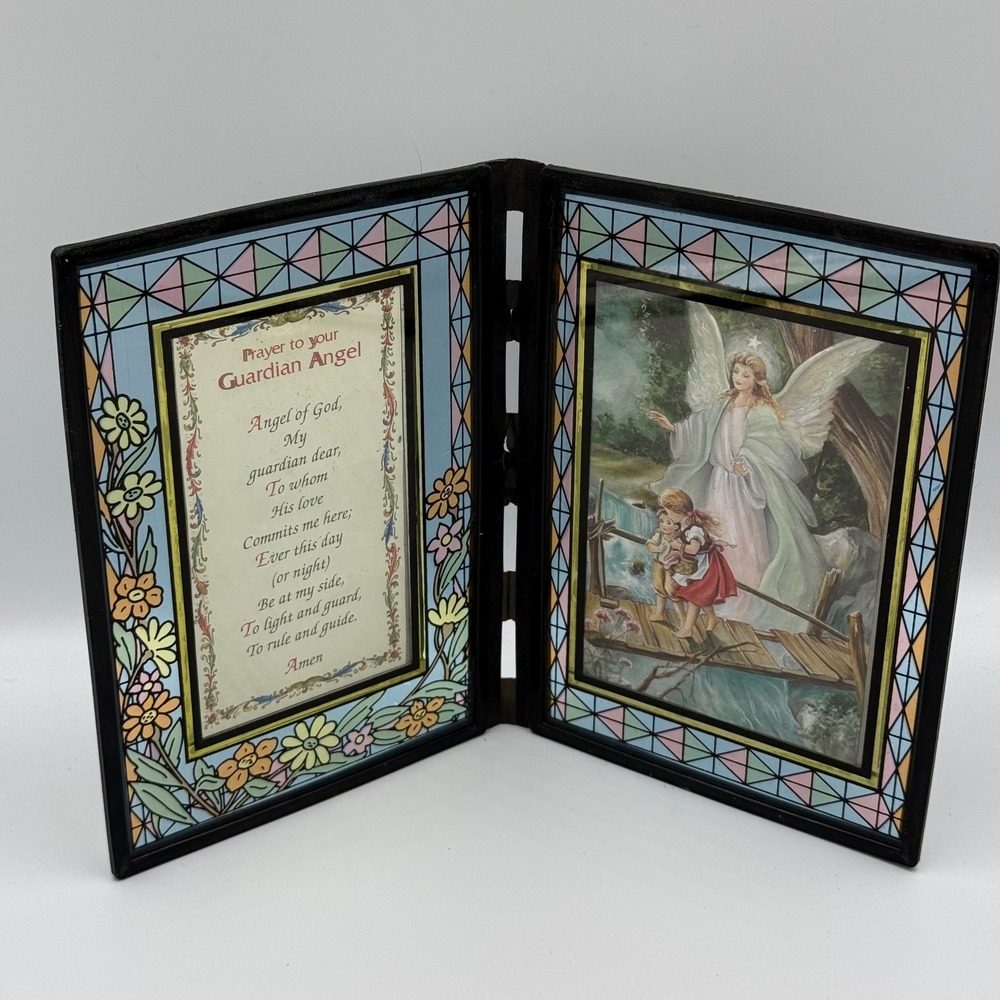 Vintage Guardian Angel Prayer Folding Diptych Frame Stained‎ Glass Style 7x5